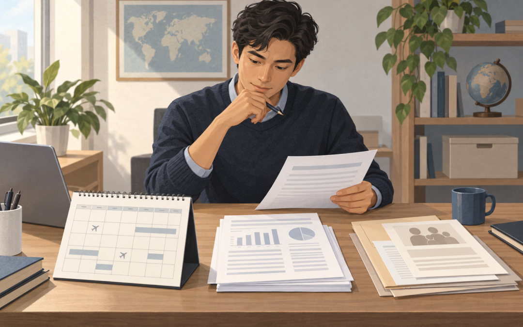 An international graduate organizes travel, financial and family-transfer records for a tax review.