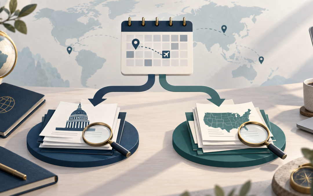 An international work calendar branches into separate U.S. federal and state tax reviews.