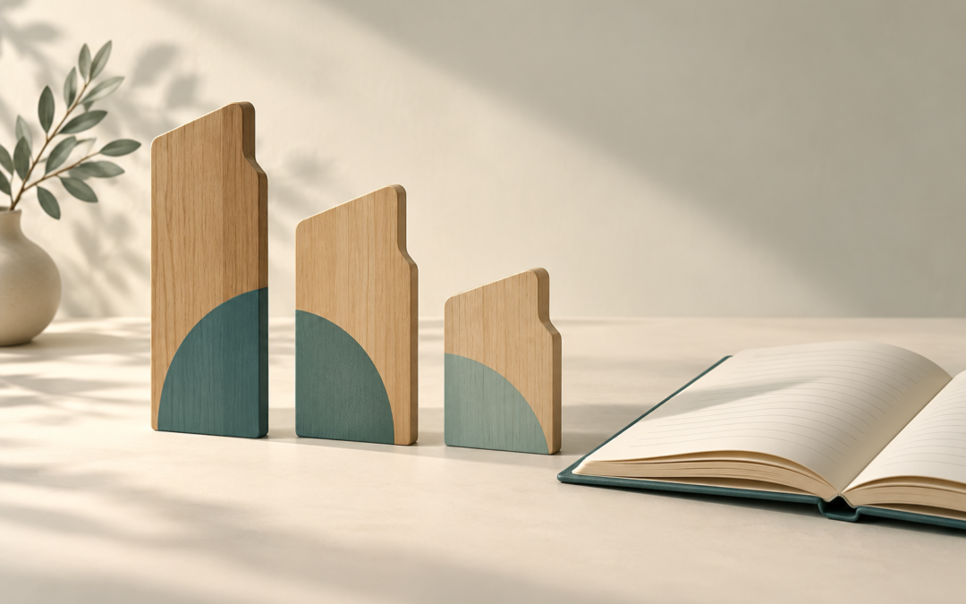 Three wooden index dividers of different heights beside a plain open ledger.