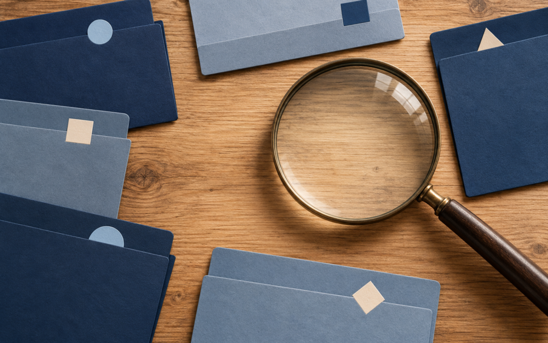 A magnifying lens above an empty space surrounded by flat document sleeves.
