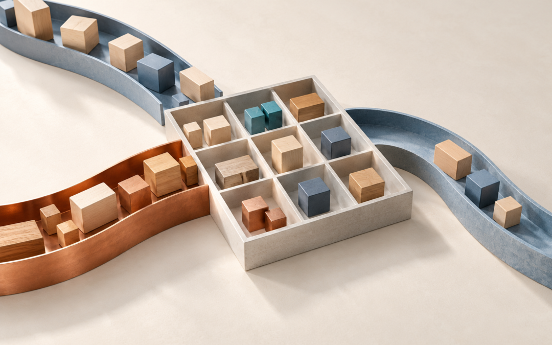 Wooden blocks in blue-gray and copper channels arranged around a compartmented sorting grid.