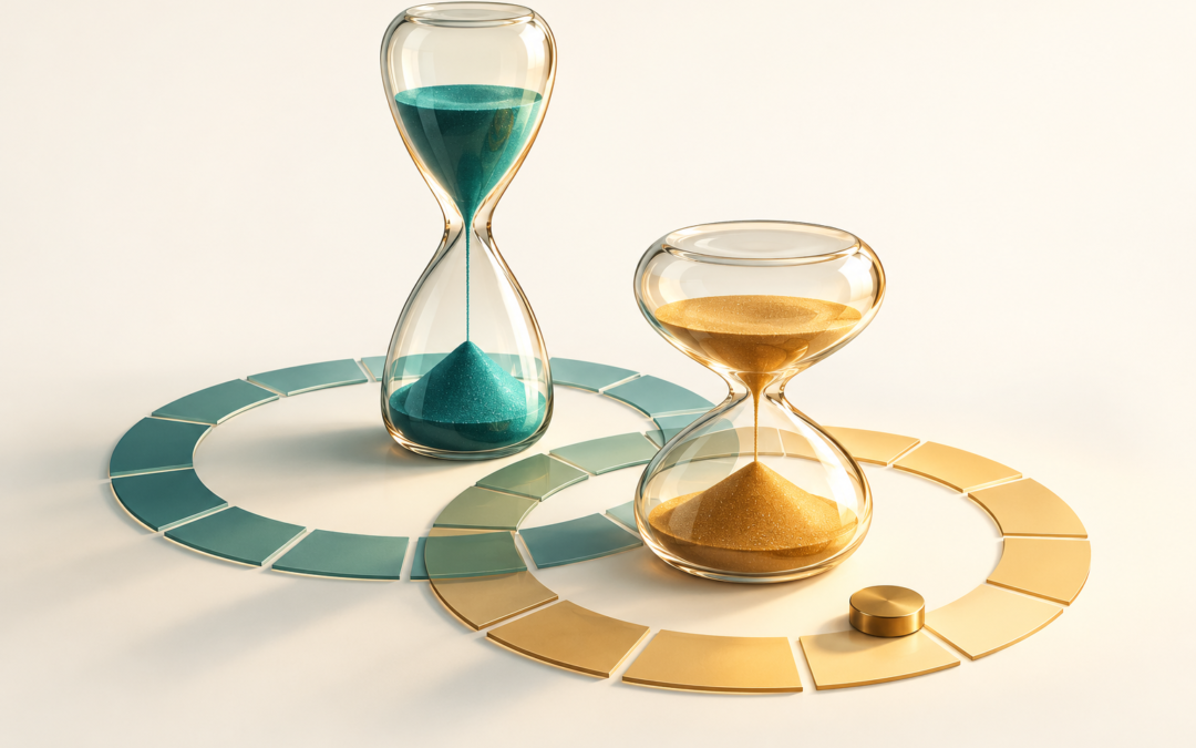 Two different hourglasses stand beside overlapping segmented rings and an unmarked brass token.