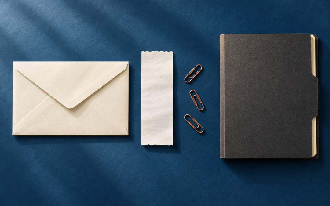 A sealed envelope, blank receipt strip and archival folder arranged with copper clips.