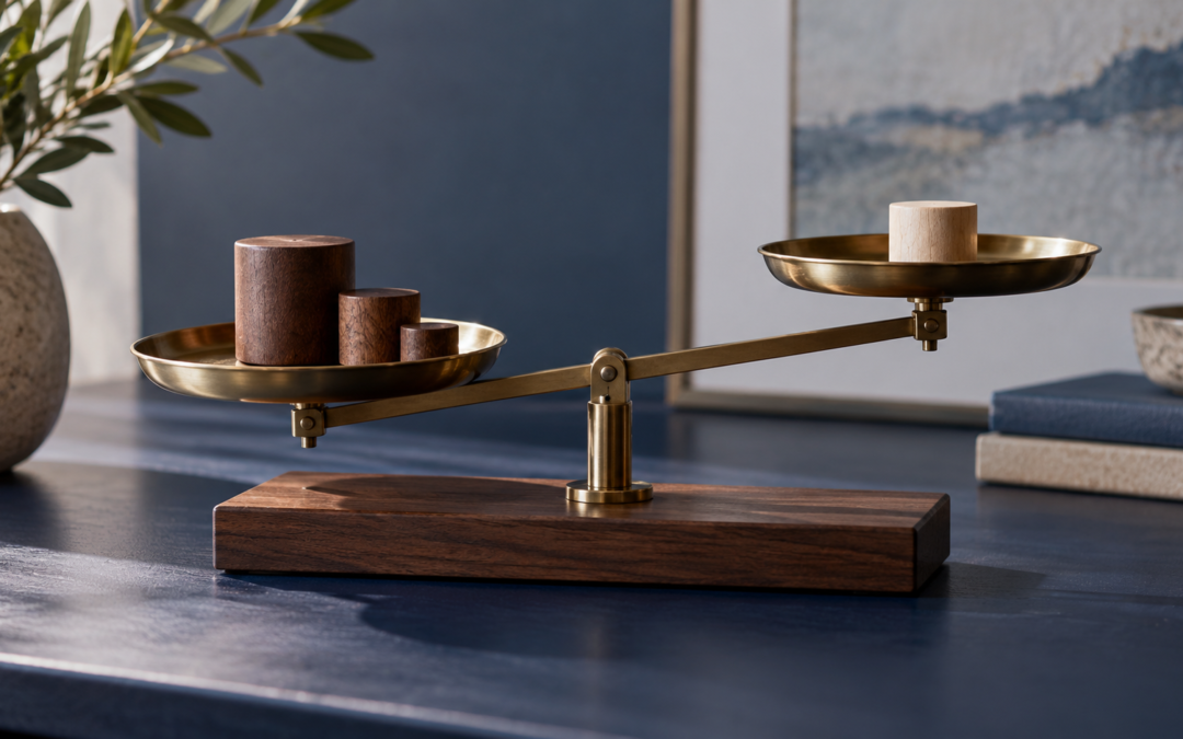 An inclined mechanical balance holding unequal wooden weights.