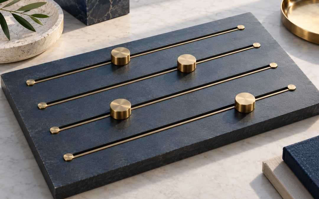 Four brass sliders at different positions on four parallel tracks.