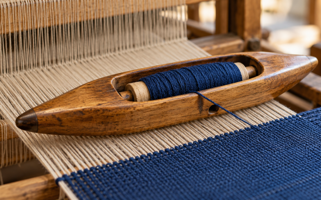 A wooden weaving shuttle holding blue thread on an ivory warp beside partly woven blue cloth.