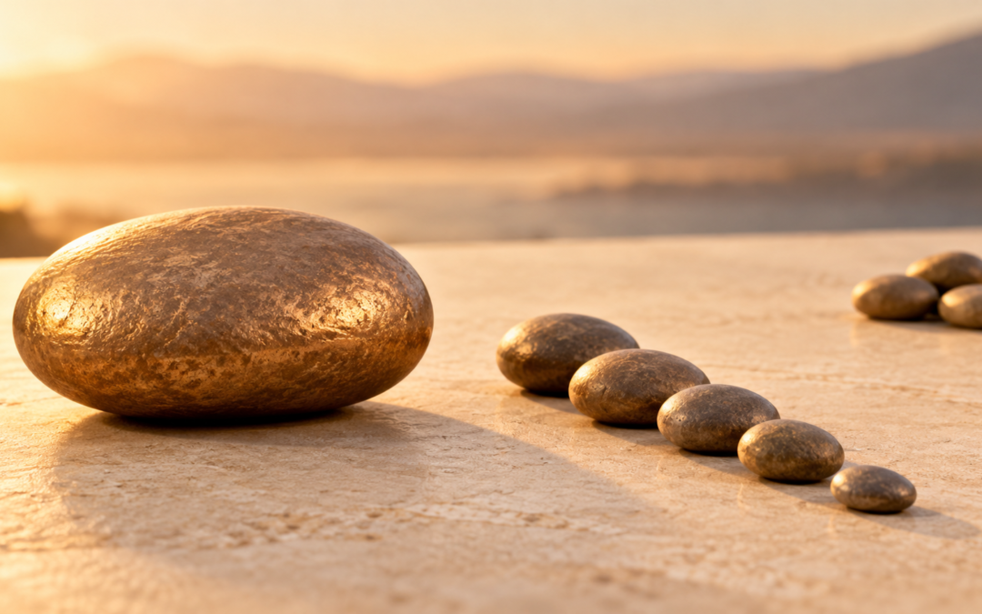 A large smooth bronze-colored stone beside a line of smaller stones and a separate small group on a pale surface.
