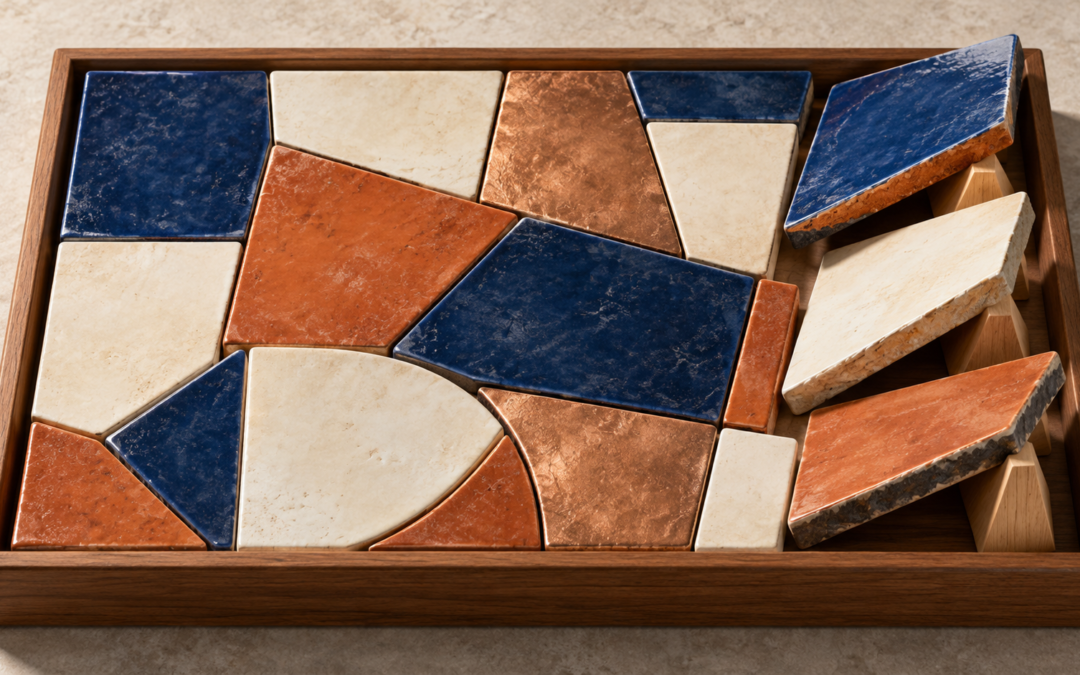 A mosaic of blue, cream, terracotta and copper-colored ceramic pieces in a wooden tray, with three pieces tilted on supports.